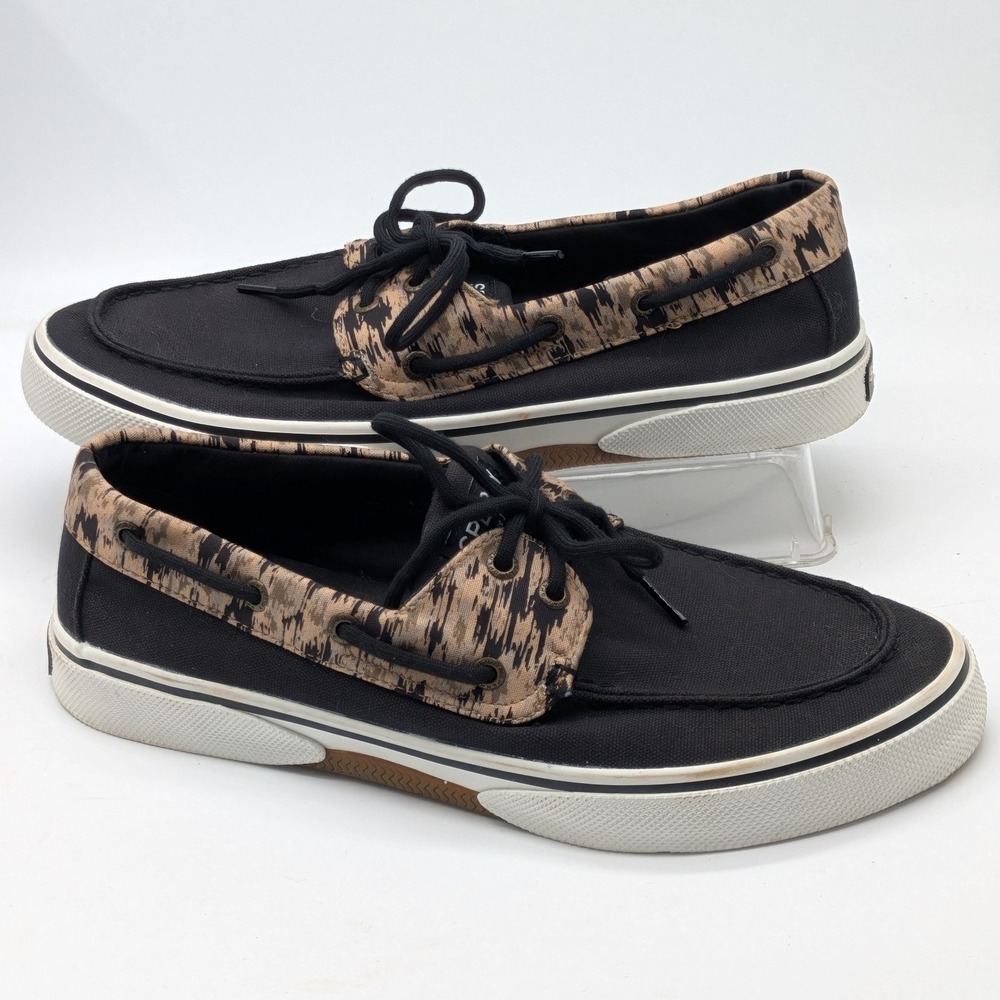 Sperry Top-Sider Men 10 Black Boat Shoes Tan Print Memory Foam STS24401 NWOB